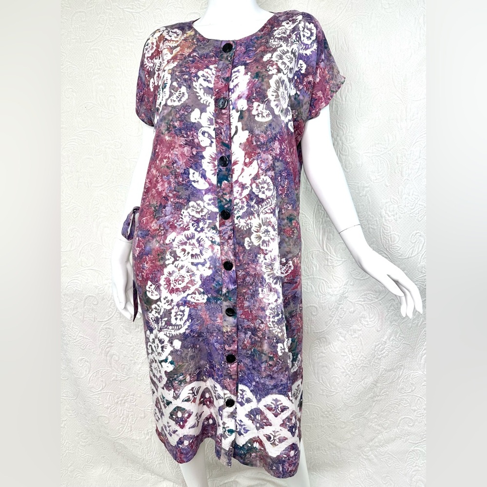 Lady Cactus Vintage Tropical Hawaiian Purple Batik Button Down Midi Dress w/Bow
